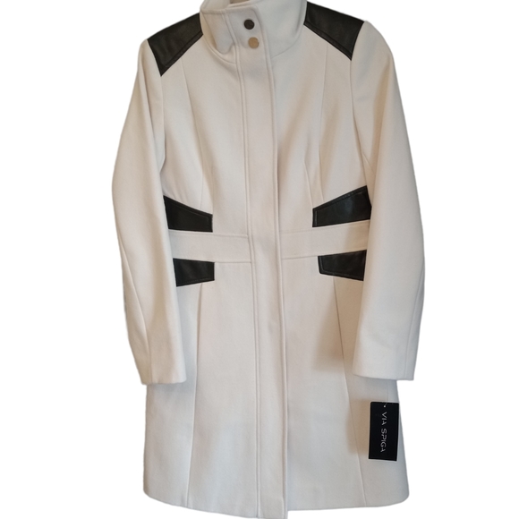 VIA SPIGA Women's White Ivory Faux Leather Stand Collar Coat Size 6 $350 - Picture 6 of 12
